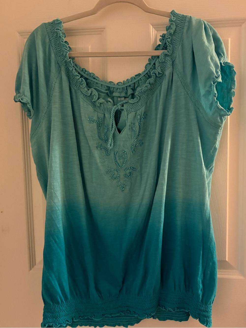 Lane Bryant Teal Ombre Ruffle-Trim Peasant Blouse - Picture 1 of 3